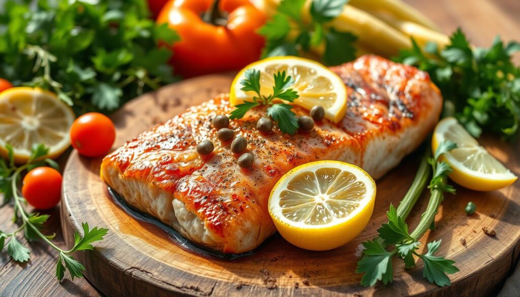 A vibrant Mediterranean-style salmon dish, photographed in natural daylight against a backdrop of lush herbs, sun-kissed vegetables, and a rustic wooden surface. The salmon fillet glistens with a golden-brown sear, garnished with fresh lemon slices, capers, and a sprinkle of fragrant spices. The composition showcases the dish's simplicity and the vibrant colors of the Mediterranean culinary tradition, conveying a sense of health, vitality, and the joy of honest, flavorful cooking. A vibrant Mediterranean-style salmon dish, photographed in natural daylight against a backdrop of lush herbs, sun-kissed vegetables, and a rustic wooden surface. The salmon fillet glistens with a golden-brown sear, garnished with fresh lemon slices, capers, and a sprinkle of fragrant spices. The composition showcases the dish's simplicity and the vibrant colors of the Mediterranean culinary tradition, conveying a sense of health, vitality, and the joy of honest, flavorful cooking.