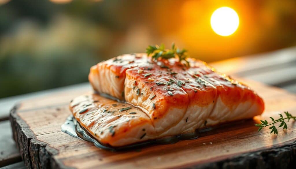 Pristine salmon filet bathed in a Mediterranean-inspired marinade, glistening with vibrant hues of lemon, olive oil, garlic, and fresh herbs. The filet is prominently displayed on a rustic wooden board, its flaky texture and mouthwatering appearance inviting the viewer to imagine the delightful flavors. In the background, a setting sun casts a warm, golden glow, evoking the sun-soaked landscapes of the Mediterranean region. The image is captured with a shallow depth of field, focusing the attention on the succulent salmon while hinting at the tranquil, al fresco dining experience. Pristine salmon filet bathed in a Mediterranean-inspired marinade, glistening with vibrant hues of lemon, olive oil, garlic, and fresh herbs. The filet is prominently displayed on a rustic wooden board, its flaky texture and mouthwatering appearance inviting the viewer to imagine the delightful flavors. In the background, a setting sun casts a warm, golden glow, evoking the sun-soaked landscapes of the Mediterranean region. The image is captured with a shallow depth of field, focusing the attention on the succulent salmon while hinting at the tranquil, al fresco dining experience.