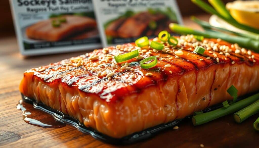 A beautifully lit close-up of a grilled sockeye salmon fillet, glistening with a delicate miso glaze. The tender, pink flesh is accented by a sprinkle of toasted sesame seeds and a vibrant green garnish of thinly sliced scallions. In the background, an array of sockeye salmon recipes are displayed on a wood-grain surface, hinting at the versatility of this magnificent fish. The scene is bathed in a warm, golden light, creating a cozy and inviting atmosphere, perfect for a quick and satisfying weeknight dinner. A beautifully lit close-up of a grilled sockeye salmon fillet, glistening with a delicate miso glaze. The tender, pink flesh is accented by a sprinkle of toasted sesame seeds and a vibrant green garnish of thinly sliced scallions. In the background, an array of sockeye salmon recipes are displayed on a wood-grain surface, hinting at the versatility of this magnificent fish. The scene is bathed in a warm, golden light, creating a cozy and inviting atmosphere, perfect for a quick and satisfying weeknight dinner.
