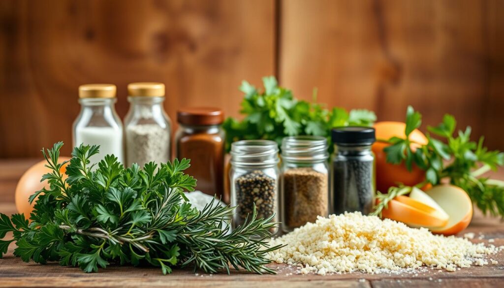 A beautifully lit still life showcasing an assortment of meatloaf flavor boosters. In the foreground, a selection of fresh herbs - parsley, thyme, and rosemary - are neatly arranged, their vibrant green hues contrasting with the warm, earthy tones of the background. Beside them, a variety of spices - garlic powder, onion powder, smoked paprika, and cracked black pepper - are displayed in small glass jars, their contents visible through the translucent containers. In the middle ground, a few sliced onions and a pile of grated cheese add texture and depth to the scene. The background is a warm, rustic wooden surface, creating a cozy and inviting atmosphere. Soft, directional lighting illuminates the scene, highlighting the natural textures and colors of the ingredients, emphasizing their role as essential flavor boosters for a delicious meatloaf. A beautifully lit still life showcasing an assortment of meatloaf flavor boosters. In the foreground, a selection of fresh herbs - parsley, thyme, and rosemary - are neatly arranged, their vibrant green hues contrasting with the warm, earthy tones of the background. Beside them, a variety of spices - garlic powder, onion powder, smoked paprika, and cracked black pepper - are displayed in small glass jars, their contents visible through the translucent containers. In the middle ground, a few sliced onions and a pile of grated cheese add texture and depth to the scene. The background is a warm, rustic wooden surface, creating a cozy and inviting atmosphere. Soft, directional lighting illuminates the scene, highlighting the natural textures and colors of the ingredients, emphasizing their role as essential flavor boosters for a delicious meatloaf.