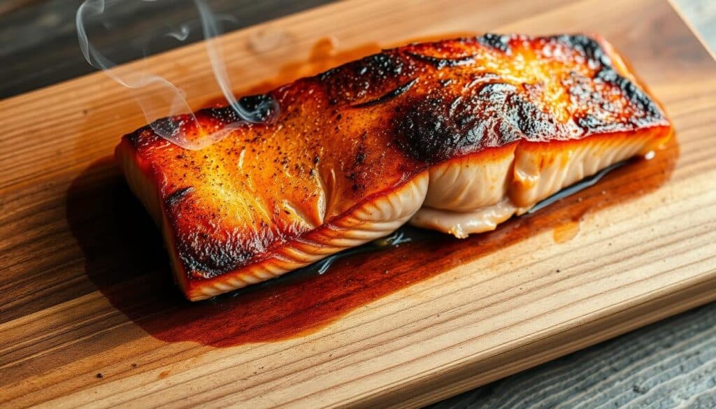 A beautifully seared cedar plank salmon filet, resting atop a wooden board. The fish's skin is crisp and golden, while the flesh inside remains moist and flavorful. Wisps of fragrant cedar smoke curl around the edges, creating an earthy, subtly sweet aroma. Soft, natural lighting bathes the scene, casting warm highlights across the salmon's surface and the weathered wood beneath. The composition is simple yet elegant, allowing the high-quality ingredients to take center stage. The overall mood is one of rustic refinement, inviting the viewer to imagine the satisfying texture and flavor of this carefully prepared dish. A beautifully seared cedar plank salmon filet, resting atop a wooden board. The fish's skin is crisp and golden, while the flesh inside remains moist and flavorful. Wisps of fragrant cedar smoke curl around the edges, creating an earthy, subtly sweet aroma. Soft, natural lighting bathes the scene, casting warm highlights across the salmon's surface and the weathered wood beneath. The composition is simple yet elegant, allowing the high-quality ingredients to take center stage. The overall mood is one of rustic refinement, inviting the viewer to imagine the satisfying texture and flavor of this carefully prepared dish.