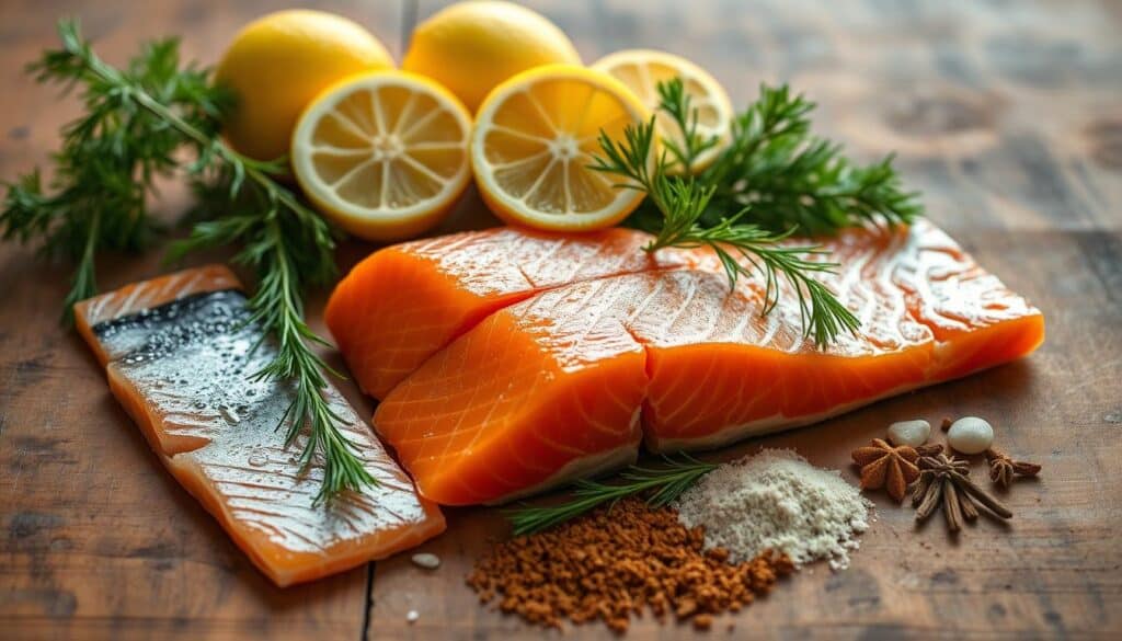 A bountiful arrangement of fresh sockeye salmon fillets, vibrant lemon wedges, aromatic dill sprigs, and a selection of delectable spices artfully displayed on a rustic wooden surface, bathed in soft, natural lighting. The scene evokes the essence of a simple, yet flavorful salmon recipe, ready to be transformed into a mouthwatering culinary delight. A bountiful arrangement of fresh sockeye salmon fillets, vibrant lemon wedges, aromatic dill sprigs, and a selection of delectable spices artfully displayed on a rustic wooden surface, bathed in soft, natural lighting. The scene evokes the essence of a simple, yet flavorful salmon recipe, ready to be transformed into a mouthwatering culinary delight.