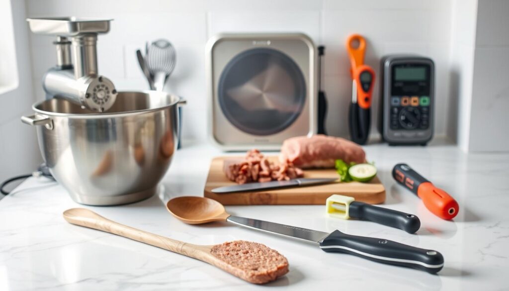 A bright, well-lit kitchen countertop scene featuring an assortment of essential turkey meatloaf preparation tools. In the foreground, a stainless steel mixing bowl, a wooden spoon, and a meat grinder stand out against a white marble surface. In the middle ground, a cutting board with a sharp chef's knife and a vegetable peeler are positioned, hinting at the ingredient prep needed. In the background, a digital kitchen scale, a silicone basting brush, and a meat thermometer create a sense of completeness, suggesting the full range of tools required for the recipe. The lighting is natural and even, creating a clean, organized atmosphere conducive to meal preparation. A bright, well-lit kitchen countertop scene featuring an assortment of essential turkey meatloaf preparation tools. In the foreground, a stainless steel mixing bowl, a wooden spoon, and a meat grinder stand out against a white marble surface. In the middle ground, a cutting board with a sharp chef's knife and a vegetable peeler are positioned, hinting at the ingredient prep needed. In the background, a digital kitchen scale, a silicone basting brush, and a meat thermometer create a sense of completeness, suggesting the full range of tools required for the recipe. The lighting is natural and even, creating a clean, organized atmosphere conducive to meal preparation.
