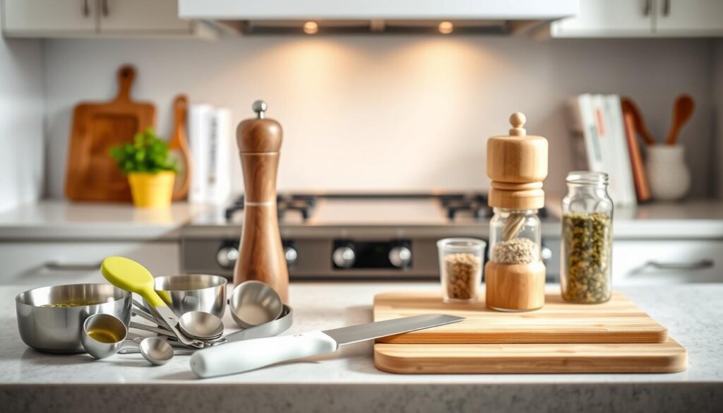 A bright, well-lit kitchen countertop with an assortment of low sodium cooking tools arranged neatly. In the foreground, a set of stainless steel measuring cups and spoons, a silicone basting brush, and a wooden salt-free seasoning grinder. In the middle ground, a sleek ceramic knife and cutting board, along with a glass jar of low sodium herbs and spices. The background features a modern stove, minimalist cookbooks, and a potted plant, creating a clean, organized, and health-conscious atmosphere. A bright, well-lit kitchen countertop with an assortment of low sodium cooking tools arranged neatly. In the foreground, a set of stainless steel measuring cups and spoons, a silicone basting brush, and a wooden salt-free seasoning grinder. In the middle ground, a sleek ceramic knife and cutting board, along with a glass jar of low sodium herbs and spices. The background features a modern stove, minimalist cookbooks, and a potted plant, creating a clean, organized, and health-conscious atmosphere.