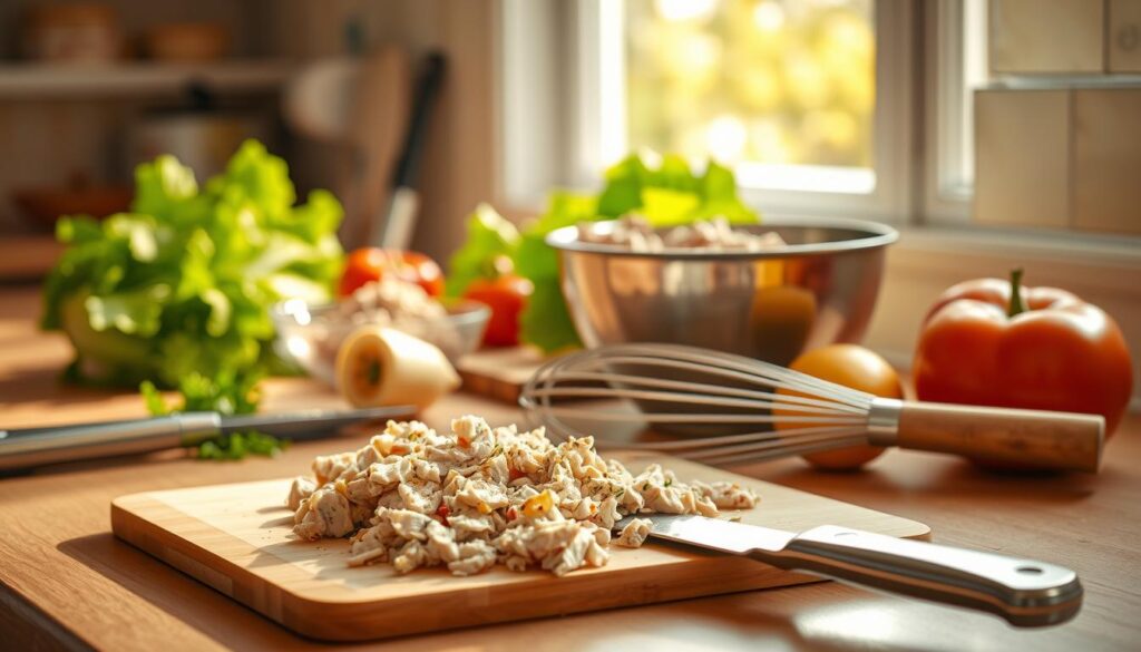 A brightly lit kitchen counter, filled with the tools needed to prepare a delectable chicken salad. In the foreground, a clean cutting board and a sharp chef's knife, ready to mince the tender chicken breasts. Beside them, a stainless steel mixing bowl and a sturdy whisk, awaiting the blend of mayonnaise, mustard, and seasoning. In the middle ground, a citrus zester and a lemon, ready to add a zesty zing. In the background, a crisp head of lettuce and a ripe tomato, anticipating their inclusion in the final dish. The scene is bathed in warm, natural light, creating a welcoming and appetizing atmosphere, perfect for the creation of a wholesome and satisfying chicken salad. A brightly lit kitchen counter, filled with the tools needed to prepare a delectable chicken salad. In the foreground, a clean cutting board and a sharp chef's knife, ready to mince the tender chicken breasts. Beside them, a stainless steel mixing bowl and a sturdy whisk, awaiting the blend of mayonnaise, mustard, and seasoning. In the middle ground, a citrus zester and a lemon, ready to add a zesty zing. In the background, a crisp head of lettuce and a ripe tomato, anticipating their inclusion in the final dish. The scene is bathed in warm, natural light, creating a welcoming and appetizing atmosphere, perfect for the creation of a wholesome and satisfying chicken salad.