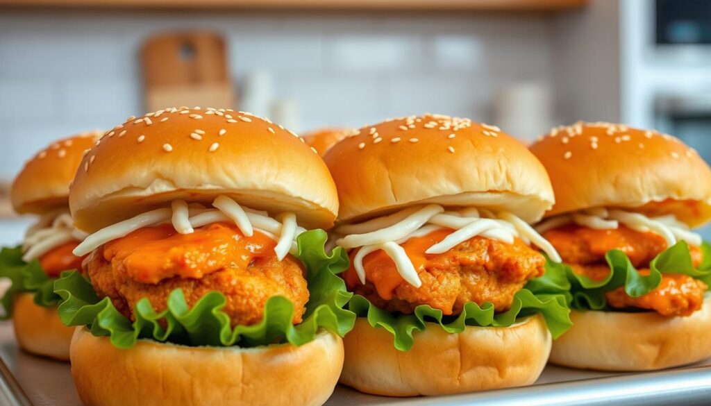 A close-up, high-resolution photograph of a tray of freshly made buffalo chicken sliders, set against a clean, bright kitchen background. The buns are soft and golden, with a light dusting of sesame seeds. The chicken patties are a deep, appetizing shade of orange-red, glistening with a spicy, tangy buffalo sauce. Crisp, vibrant green lettuce leaves and creamy white coleslaw provide a refreshing contrast. The sliders are neatly arranged, showcasing their delectable ingredients and inviting the viewer to take a bite. Soft, even lighting illuminates the scene, highlighting the textural details and mouthwatering appeal of this comfort food classic. A close-up, high-resolution photograph of a tray of freshly made buffalo chicken sliders, set against a clean, bright kitchen background. The buns are soft and golden, with a light dusting of sesame seeds. The chicken patties are a deep, appetizing shade of orange-red, glistening with a spicy, tangy buffalo sauce. Crisp, vibrant green lettuce leaves and creamy white coleslaw provide a refreshing contrast. The sliders are neatly arranged, showcasing their delectable ingredients and inviting the viewer to take a bite. Soft, even lighting illuminates the scene, highlighting the textural details and mouthwatering appeal of this comfort food classic.
