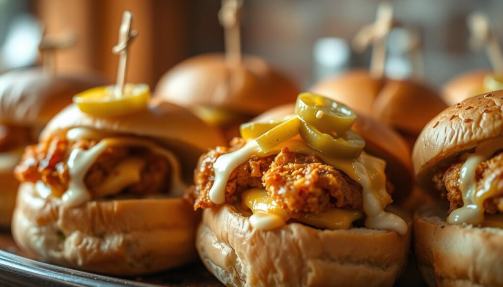 A close-up of a platter of delectable chicken sliders, nestled between soft, toasted brioche buns. The crispy, golden-brown chicken patties are topped with melted cheddar cheese, garnished with tangy pickles, and drizzled with a creamy, tangy sauce. The scene is bathed in warm, natural lighting, creating a cozy, inviting atmosphere. The background is blurred, allowing the viewer to focus on the mouthwatering details of these irresistible comfort food sliders. A close-up of a platter of delectable chicken sliders, nestled between soft, toasted brioche buns. The crispy, golden-brown chicken patties are topped with melted cheddar cheese, garnished with tangy pickles, and drizzled with a creamy, tangy sauce. The scene is bathed in warm, natural lighting, creating a cozy, inviting atmosphere. The background is blurred, allowing the viewer to focus on the mouthwatering details of these irresistible comfort food sliders.