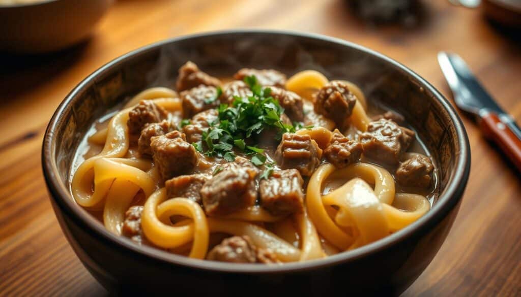 A close-up of a steaming bowl of hearty beef and egg noodle stroganoff. In the foreground, the thick, creamy sauce clings to the tender, golden-brown chunks of ground beef and the nest of perfectly al dente egg noodles. Garnished with a sprinkle of freshly chopped parsley, the dish exudes a rich, savory aroma. The middle ground features a glimpse of the wooden table surface, while the background is softly blurred, keeping the focus on the comforting, homemade meal. Warm, indirect lighting casts a gentle glow, creating a cozy, inviting atmosphere. A close-up of a steaming bowl of hearty beef and egg noodle stroganoff. In the foreground, the thick, creamy sauce clings to the tender, golden-brown chunks of ground beef and the nest of perfectly al dente egg noodles. Garnished with a sprinkle of freshly chopped parsley, the dish exudes a rich, savory aroma. The middle ground features a glimpse of the wooden table surface, while the background is softly blurred, keeping the focus on the comforting, homemade meal. Warm, indirect lighting casts a gentle glow, creating a cozy, inviting atmosphere.