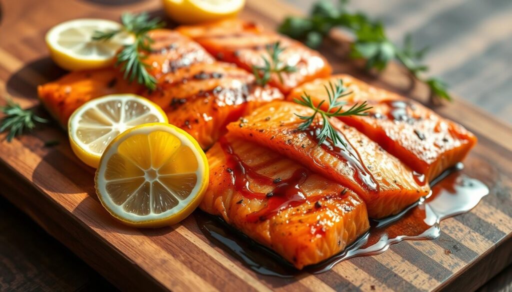 A close-up photograph of a wooden cutting board with freshly prepared sockeye salmon fillets, garnished with lemon slices, sprigs of dill, and a drizzle of miso sauce. The salmon is seared to a golden-brown crust, revealing its vibrant red-orange flesh. The image is shot from a high angle, with soft, natural lighting casting warm shadows on the ingredients. The background is blurred, placing the focus entirely on the delectable salmon dish. The mood is one of culinary elegance and appetite-inducing appeal. A close-up photograph of a wooden cutting board with freshly prepared sockeye salmon fillets, garnished with lemon slices, sprigs of dill, and a drizzle of miso sauce. The salmon is seared to a golden-brown crust, revealing its vibrant red-orange flesh. The image is shot from a high angle, with soft, natural lighting casting warm shadows on the ingredients. The background is blurred, placing the focus entirely on the delectable salmon dish. The mood is one of culinary elegance and appetite-inducing appeal.