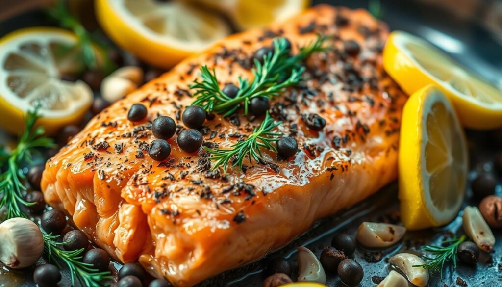 A close-up shot of a perfectly baked salmon fillet, seasoned with a vibrant blend of aromatic spices. The salmon's surface glistens with a light golden-brown crust, while the interior remains moist and flaky. Sprinkled around the fish are whole peppercorns, crushed garlic cloves, fresh sprigs of dill, and a scattering of lemon wedges. The lighting is soft and natural, illuminating the dish from the side, casting gentle shadows that accentuate the textures. The background is slightly blurred, allowing the salmon to be the focal point, emphasizing its nutritious goodness and the healthy benefits it provides. A close-up shot of a perfectly baked salmon fillet, seasoned with a vibrant blend of aromatic spices. The salmon's surface glistens with a light golden-brown crust, while the interior remains moist and flaky. Sprinkled around the fish are whole peppercorns, crushed garlic cloves, fresh sprigs of dill, and a scattering of lemon wedges. The lighting is soft and natural, illuminating the dish from the side, casting gentle shadows that accentuate the textures. The background is slightly blurred, allowing the salmon to be the focal point, emphasizing its nutritious goodness and the healthy benefits it provides.