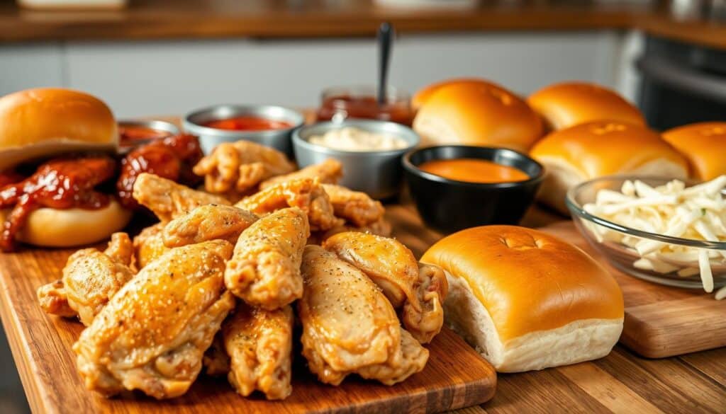 A close-up shot of a wooden table, meticulously arranged with the essential ingredients for chicken wing sliders. In the foreground, succulent chicken wings, expertly seasoned and ready for the grill. Alongside, a selection of freshly baked slider buns, their golden-brown tops glistening under soft, natural lighting. In the middle ground, an assortment of sauces and condiments, including tangy barbecue, zesty ranch, and creamy coleslaw, each in its own small bowl. In the background, a subtle hint of a kitchen counter, hinting at the culinary workspace where these delectable sliders will be assembled. The overall scene evokes a sense of rustic comfort and anticipation, perfectly capturing the essence of the "Chicken Sliders Recipe: Complete Ingredients List" section. A close-up shot of a wooden table, meticulously arranged with the essential ingredients for chicken wing sliders. In the foreground, succulent chicken wings, expertly seasoned and ready for the grill. Alongside, a selection of freshly baked slider buns, their golden-brown tops glistening under soft, natural lighting. In the middle ground, an assortment of sauces and condiments, including tangy barbecue, zesty ranch, and creamy coleslaw, each in its own small bowl. In the background, a subtle hint of a kitchen counter, hinting at the culinary workspace where these delectable sliders will be assembled. The overall scene evokes a sense of rustic comfort and anticipation, perfectly capturing the essence of the "Chicken Sliders Recipe: Complete Ingredients List" section.