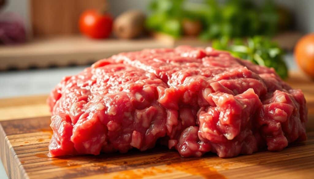 A close-up shot of fresh, high-quality wagyu ground beef on a wooden cutting board. The beef has a vibrant, marbled appearance, glistening under warm, natural lighting. In the background, there is a soft, blurred out kitchen scene, hinting at the versatility of this premium ingredient. The composition emphasizes the rich, tender texture and flavor profile of wagyu, conveying its unique benefits for elevating home-cooked meals. A close-up shot of fresh, high-quality wagyu ground beef on a wooden cutting board. The beef has a vibrant, marbled appearance, glistening under warm, natural lighting. In the background, there is a soft, blurred out kitchen scene, hinting at the versatility of this premium ingredient. The composition emphasizes the rich, tender texture and flavor profile of wagyu, conveying its unique benefits for elevating home-cooked meals.