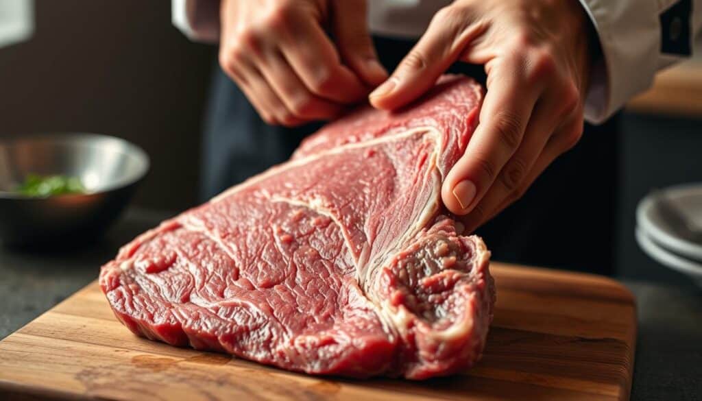 A close-up view of a chef's hands firmly grasping and tenderizing a slab of flank steak on a wooden cutting board. The steak is slightly marbled, with visible muscle fibers. The background is softly blurred, keeping the focus on the action of the tenderizing process. Soft, warm lighting casts gentle shadows, emphasizing the texture and weight of the meat. The scene conveys a sense of care and attention to properly preparing the flank steak before cooking, in order to ensure a tender and flavorful result. A close-up view of a chef's hands firmly grasping and tenderizing a slab of flank steak on a wooden cutting board. The steak is slightly marbled, with visible muscle fibers. The background is softly blurred, keeping the focus on the action of the tenderizing process. Soft, warm lighting casts gentle shadows, emphasizing the texture and weight of the meat. The scene conveys a sense of care and attention to properly preparing the flank steak before cooking, in order to ensure a tender and flavorful result.