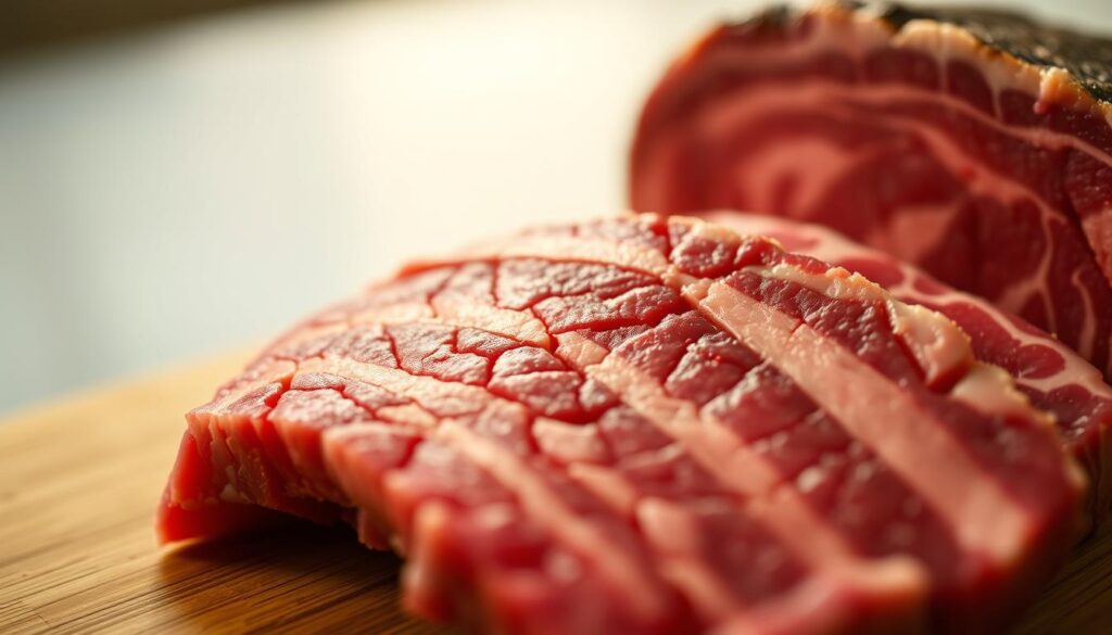A close-up view of freshly sliced Wagyu beef, showcasing its distinctive marbling. The foreground features the rich, intricately laced fat that gives Wagyu its signature tenderness and flavor. The middle ground reveals the deep red, finely textured muscle fibers, captured in warm, soft lighting that accentuates the meat's luxurious appearance. The background is a clean, minimalist surface, allowing the Wagyu's characteristics to be the central focus. Captured with a shallow depth of field and a macro lens, this image conveys the exceptional quality and unique attributes that make Wagyu ground beef a truly special ingredient. A close-up view of freshly sliced Wagyu beef, showcasing its distinctive marbling. The foreground features the rich, intricately laced fat that gives Wagyu its signature tenderness and flavor. The middle ground reveals the deep red, finely textured muscle fibers, captured in warm, soft lighting that accentuates the meat's luxurious appearance. The background is a clean, minimalist surface, allowing the Wagyu's characteristics to be the central focus. Captured with a shallow depth of field and a macro lens, this image conveys the exceptional quality and unique attributes that make Wagyu ground beef a truly special ingredient.