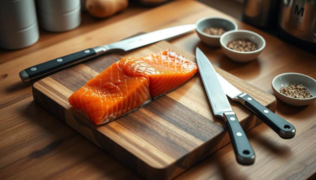 A cozy kitchen setting, a wooden cutting board takes center stage. Atop it, a fresh sockeye salmon fillet, its rich orange hue glistening under the warm, soft lighting. Nearby, a set of sharp knives, a pair of tongs, and a small dish of seasoning rests, ready for the preparation. The background is softly blurred, giving focus to the salmon and the essential tools needed to create a delectable dish. The mood is one of simplicity, efficiency, and the anticipation of a delicious meal to come. A cozy kitchen setting, a wooden cutting board takes center stage. Atop it, a fresh sockeye salmon fillet, its rich orange hue glistening under the warm, soft lighting. Nearby, a set of sharp knives, a pair of tongs, and a small dish of seasoning rests, ready for the preparation. The background is softly blurred, giving focus to the salmon and the essential tools needed to create a delectable dish. The mood is one of simplicity, efficiency, and the anticipation of a delicious meal to come.