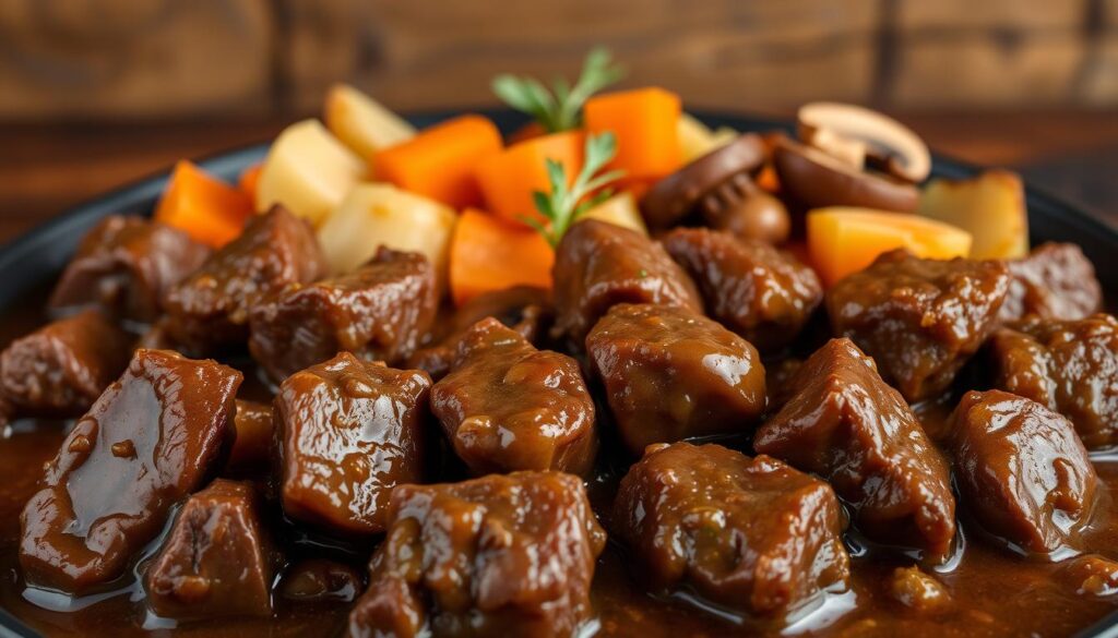 A delectable and hearty dish of no-peek beef tips, simmered in a rich, savory gravy. The tender beef chunks are arranged in the foreground, with a thick, glossy gravy coating them. The middle ground features a selection of aromatic vegetables, such as onions, carrots, and mushrooms, complementing the beef. The background depicts a rustic, wooden surface, creating a warm and homely atmosphere. Soft, diffused lighting casts a comforting glow over the scene, emphasizing the appetizing nature of this classic comfort food. The image conveys the simplicity and deliciousness of the no-peek beef tips recipe, making it an enticing visual representation of the dish. A delectable and hearty dish of no-peek beef tips, simmered in a rich, savory gravy. The tender beef chunks are arranged in the foreground, with a thick, glossy gravy coating them. The middle ground features a selection of aromatic vegetables, such as onions, carrots, and mushrooms, complementing the beef. The background depicts a rustic, wooden surface, creating a warm and homely atmosphere. Soft, diffused lighting casts a comforting glow over the scene, emphasizing the appetizing nature of this classic comfort food. The image conveys the simplicity and deliciousness of the no-peek beef tips recipe, making it an enticing visual representation of the dish.