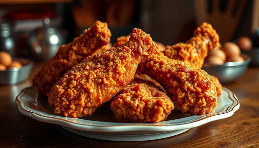 A delectable arrangement of freshly fried Popeyes-style chicken pieces, glistening with a crisp, golden-brown crust and exuding an irresistible aroma. The chicken is beautifully plated, showcasing its juicy interior and the signature Popeyes seasoning that has captivated fried chicken enthusiasts worldwide. The scene is captured in a moody, warm-toned lighting, with a shallow depth of field that focuses the viewer's attention on the star of the dish. The background is softly blurred, hinting at a rustic, kitchen-like setting, further emphasizing the homemade and authentic nature of this iconic fried chicken recipe. A delectable arrangement of freshly fried Popeyes-style chicken pieces, glistening with a crisp, golden-brown crust and exuding an irresistible aroma. The chicken is beautifully plated, showcasing its juicy interior and the signature Popeyes seasoning that has captivated fried chicken enthusiasts worldwide. The scene is captured in a moody, warm-toned lighting, with a shallow depth of field that focuses the viewer's attention on the star of the dish. The background is softly blurred, hinting at a rustic, kitchen-like setting, further emphasizing the homemade and authentic nature of this iconic fried chicken recipe.