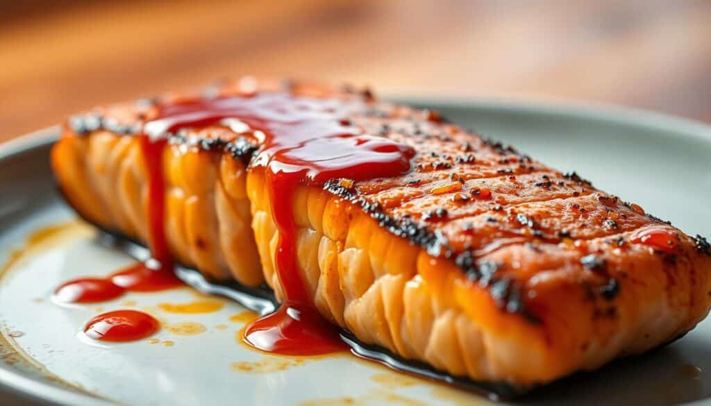 A delectable close-up of a perfectly seared salmon fillet, its crisp, golden-brown skin contrasting beautifully with the vibrant orange flesh. The fish is drizzled with a glistening, fiery red sauce, its spicy aromas wafting through the air. In the background, a subtle gradient of warm, earthy tones sets the stage, while soft, diffused lighting casts gentle shadows, highlighting the succulent texture of the salmon. The composition is balanced, drawing the viewer's attention to the star of the dish - the spicy salmon, a tantalizing representation of the recipe's bold, flavorful appeal. A delectable close-up of a perfectly seared salmon fillet, its crisp, golden-brown skin contrasting beautifully with the vibrant orange flesh. The fish is drizzled with a glistening, fiery red sauce, its spicy aromas wafting through the air. In the background, a subtle gradient of warm, earthy tones sets the stage, while soft, diffused lighting casts gentle shadows, highlighting the succulent texture of the salmon. The composition is balanced, drawing the viewer's attention to the star of the dish - the spicy salmon, a tantalizing representation of the recipe's bold, flavorful appeal.