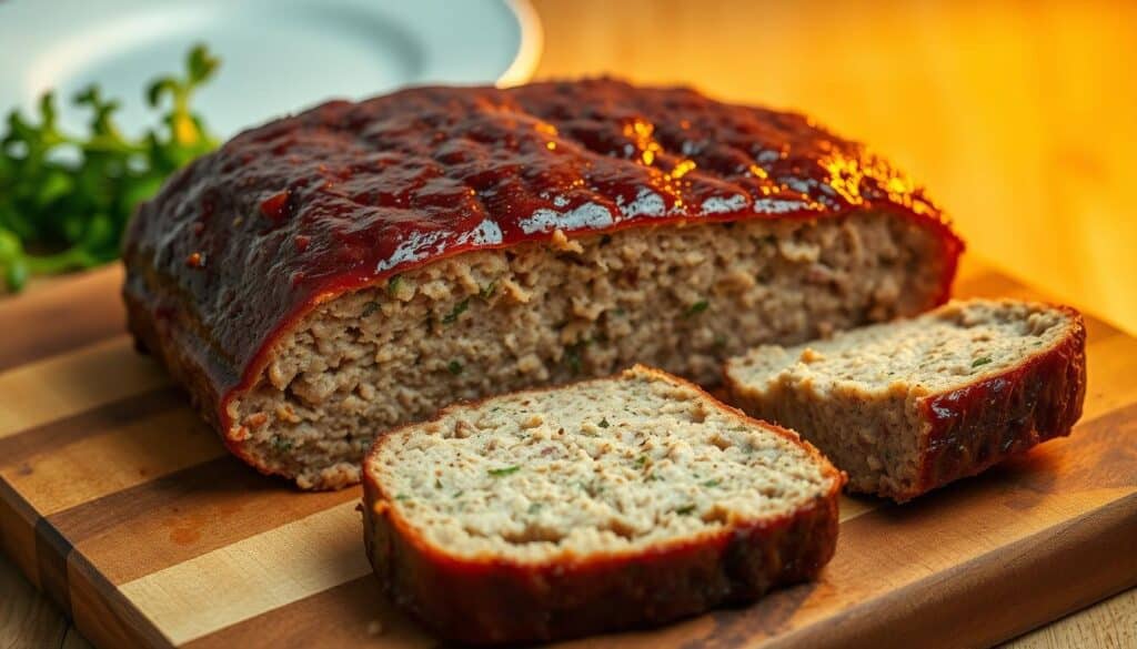 A glistening turkey meatloaf, its surface evenly browned, sits atop a rustic wooden cutting board. The meatloaf is sliced open, revealing its moist and tender interior, flecked with herbs and spices. The warm, inviting lighting casts a soft glow, highlighting the natural textures of the dish. In the background, a simple white plate and a few fresh herbs add a touch of elegance. The composition emphasizes the healthiness and homemade quality of the turkey meatloaf, capturing the essence of the recipe and its benefits. A glistening turkey meatloaf, its surface evenly browned, sits atop a rustic wooden cutting board. The meatloaf is sliced open, revealing its moist and tender interior, flecked with herbs and spices. The warm, inviting lighting casts a soft glow, highlighting the natural textures of the dish. In the background, a simple white plate and a few fresh herbs add a touch of elegance. The composition emphasizes the healthiness and homemade quality of the turkey meatloaf, capturing the essence of the recipe and its benefits.