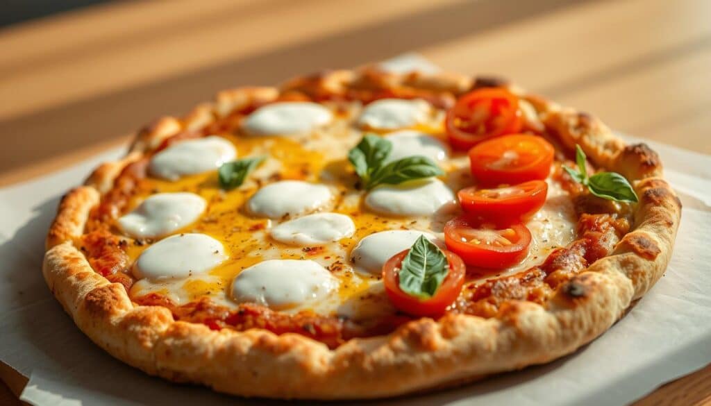A golden-brown chicken crust pizza, freshly baked, with a crisp, flaky base and a generous topping of melted mozzarella cheese. The crust is made from ground chicken, eggs, and seasonings, creating a low-carb, keto-friendly alternative to traditional pizza dough. The pizza is garnished with sliced cherry tomatoes, fresh basil leaves, and a drizzle of olive oil, creating a vibrant, appetizing appearance. The scene is lit by warm, natural lighting, casting a soft, inviting glow on the pizza, set against a simple, minimalist background to keep the focus on the delicious-looking dish. A golden-brown chicken crust pizza, freshly baked, with a crisp, flaky base and a generous topping of melted mozzarella cheese. The crust is made from ground chicken, eggs, and seasonings, creating a low-carb, keto-friendly alternative to traditional pizza dough. The pizza is garnished with sliced cherry tomatoes, fresh basil leaves, and a drizzle of olive oil, creating a vibrant, appetizing appearance. The scene is lit by warm, natural lighting, casting a soft, inviting glow on the pizza, set against a simple, minimalist background to keep the focus on the delicious-looking dish.