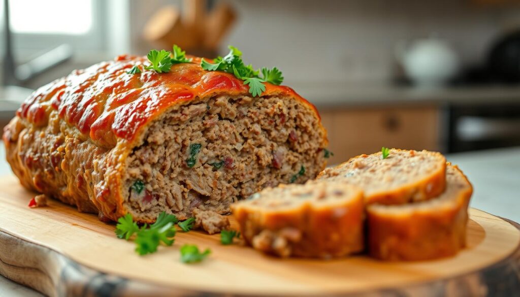 A golden-brown, perfectly formed meatloaf, sliced and presented on a rustic wooden board. The succulent interior is revealed, showcasing a delightful blend of ground beef, and aromatic herbs and spices. The meatloaf is garnished with freshly chopped parsley, adding a vibrant pop of color. Warm lighting casts a cozy glow, highlighting the dish's tender, juicy texture. The background is a minimalist, neutral-toned kitchen, allowing the meatloaf to take center stage. The overall scene evokes a sense of comfort, homemade goodness, and the irresistible aroma of a classic, beloved dish. A golden-brown, perfectly formed meatloaf, sliced and presented on a rustic wooden board. The succulent interior is revealed, showcasing a delightful blend of ground beef, and aromatic herbs and spices. The meatloaf is garnished with freshly chopped parsley, adding a vibrant pop of color. Warm lighting casts a cozy glow, highlighting the dish's tender, juicy texture. The background is a minimalist, neutral-toned kitchen, allowing the meatloaf to take center stage. The overall scene evokes a sense of comfort, homemade goodness, and the irresistible aroma of a classic, beloved dish.