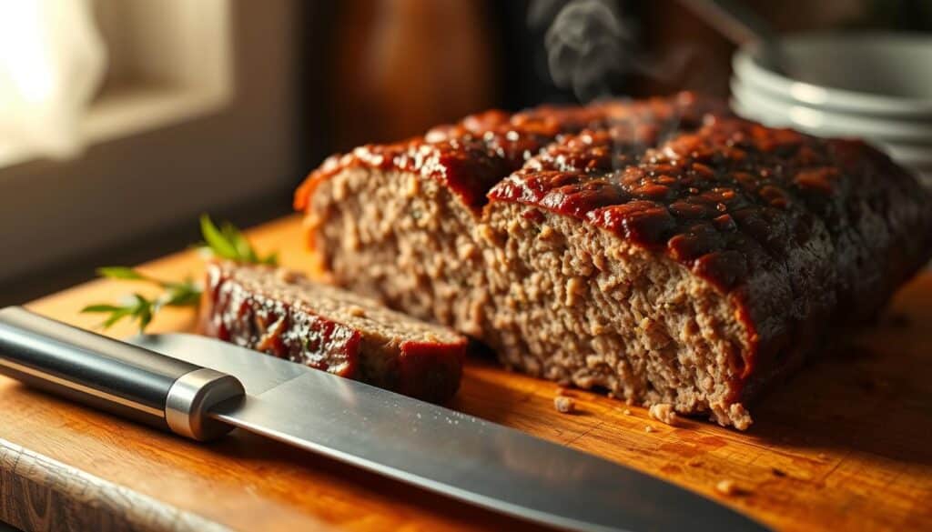 A juicy, freshly baked meatloaf sits on a wooden cutting board, steam rising from its perfectly browned crust. The meatloaf is sliced in half, revealing a moist, tender interior with a hint of herbs and spices. In the foreground, a sharp knife rests next to the meatloaf, suggesting the care and attention taken in its preparation. The lighting is warm and inviting, casting a soft glow on the meatloaf and accentuating its appetizing appearance. The background is slightly blurred, focusing the viewer's attention on the star of the scene - the meatloaf, the secret to a perfectly juicy and flavorful homemade dish. A juicy, freshly baked meatloaf sits on a wooden cutting board, steam rising from its perfectly browned crust. The meatloaf is sliced in half, revealing a moist, tender interior with a hint of herbs and spices. In the foreground, a sharp knife rests next to the meatloaf, suggesting the care and attention taken in its preparation. The lighting is warm and inviting, casting a soft glow on the meatloaf and accentuating its appetizing appearance. The background is slightly blurred, focusing the viewer's attention on the star of the scene - the meatloaf, the secret to a perfectly juicy and flavorful homemade dish.