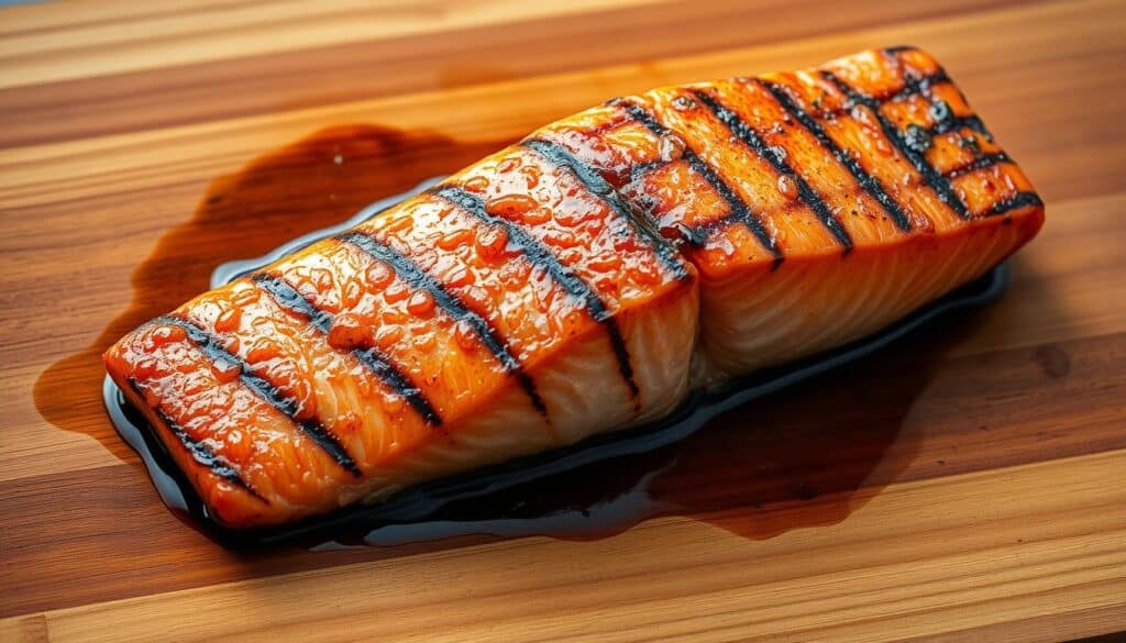 A juicy, succulent grilled salmon fillet resting atop a rustic cedar plank, the smoky aroma infusing the fish with a delicate, earthy essence. Glistening with a light glaze, the salmon's delicate pink hue contrasts beautifully against the warm, natural tones of the cedar. Dramatic sear marks from the grill run across the surface, hinting at the caramelized flavors within. Soft, diffused lighting casts a golden glow, accentuating the salmon's tender, flaky texture. The scene is framed by the clean, minimalist lines of the plank, creating a striking, culinary-focused composition that evokes a sense of rustic elegance and mouthwatering anticipation. A juicy, succulent grilled salmon fillet resting atop a rustic cedar plank, the smoky aroma infusing the fish with a delicate, earthy essence. Glistening with a light glaze, the salmon's delicate pink hue contrasts beautifully against the warm, natural tones of the cedar. Dramatic sear marks from the grill run across the surface, hinting at the caramelized flavors within. Soft, diffused lighting casts a golden glow, accentuating the salmon's tender, flaky texture. The scene is framed by the clean, minimalist lines of the plank, creating a striking, culinary-focused composition that evokes a sense of rustic elegance and mouthwatering anticipation.