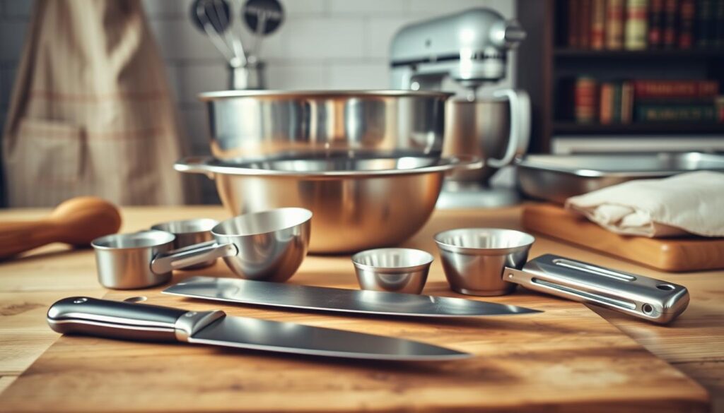 A meticulously arranged collection of essential kitchen tools for crafting a delectable meatloaf. In the foreground, a well-worn wooden cutting board hosts a shiny chef's knife, a sturdy meat tenderizer, and a set of measuring cups. In the middle ground, a gleaming metal mixing bowl stands ready to hold the ingredients, accompanied by a hand-held mixer and a stainless-steel baking dish. The background is softly lit, creating a warm, inviting atmosphere, with a hint of vintage charm in the form of a classic apron and a set of classic cookbooks on a nearby shelf. A meticulously arranged collection of essential kitchen tools for crafting a delectable meatloaf. In the foreground, a well-worn wooden cutting board hosts a shiny chef's knife, a sturdy meat tenderizer, and a set of measuring cups. In the middle ground, a gleaming metal mixing bowl stands ready to hold the ingredients, accompanied by a hand-held mixer and a stainless-steel baking dish. The background is softly lit, creating a warm, inviting atmosphere, with a hint of vintage charm in the form of a classic apron and a set of classic cookbooks on a nearby shelf.