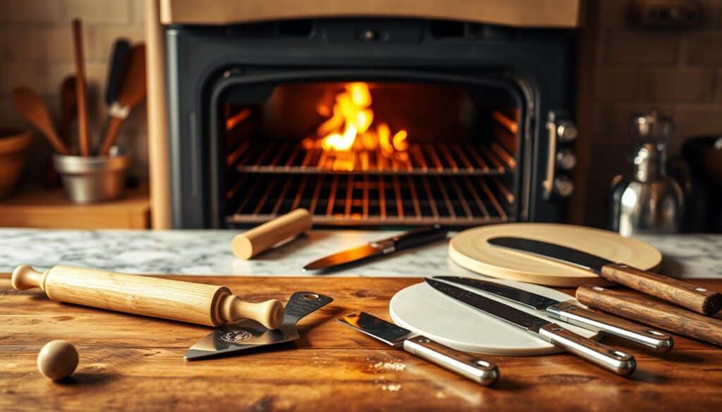 A meticulously arranged still life of essential kitchen tools for making homemade pizza, captured in warm, natural lighting. In the foreground, a rolling pin, pizza cutter, and a set of sharp knives rest on a wooden surface. In the middle ground, a pizza peel, pizza stone, and a dough scraper sit atop a marble countertop. The background features a vintage oven with an open door, revealing the glow of a blazing fire. The overall scene conveys a cozy, rustic atmosphere, inviting the viewer to imagine the delicious pizza-making process. A meticulously arranged still life of essential kitchen tools for making homemade pizza, captured in warm, natural lighting. In the foreground, a rolling pin, pizza cutter, and a set of sharp knives rest on a wooden surface. In the middle ground, a pizza peel, pizza stone, and a dough scraper sit atop a marble countertop. The background features a vintage oven with an open door, revealing the glow of a blazing fire. The overall scene conveys a cozy, rustic atmosphere, inviting the viewer to imagine the delicious pizza-making process.