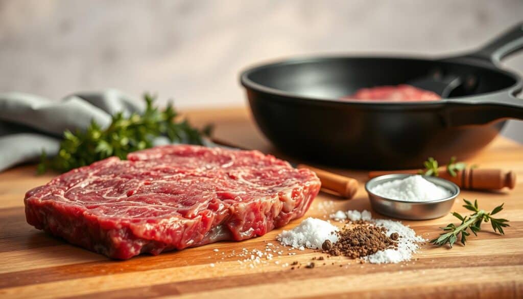 A meticulously arranged still life showcasing the essential ingredients for the perfect beef flap steak recipe. In the foreground, a succulent flank steak rests on a wooden cutting board, accompanied by a selection of aromatic spices, including coarse salt, freshly cracked black pepper, and a sprinkle of dried herbs. In the middle ground, a cast-iron skillet gleams, hinting at the searing and sizzling to come. The background features a soft, natural light, casting a warm, inviting glow over the scene, conveying the comforting and rustic ambiance of a well-crafted homemade meal. A meticulously arranged still life showcasing the essential ingredients for the perfect beef flap steak recipe. In the foreground, a succulent flank steak rests on a wooden cutting board, accompanied by a selection of aromatic spices, including coarse salt, freshly cracked black pepper, and a sprinkle of dried herbs. In the middle ground, a cast-iron skillet gleams, hinting at the searing and sizzling to come. The background features a soft, natural light, casting a warm, inviting glow over the scene, conveying the comforting and rustic ambiance of a well-crafted homemade meal.