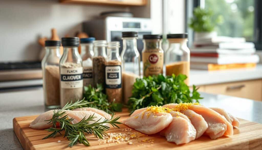 A modern kitchen counter with a variety of fresh, healthy ingredients for low sodium chicken recipes. In the foreground, a cutting board with sliced chicken breasts, fresh herbs like rosemary and thyme, and a sprinkle of lemon zest. In the middle ground, glass jars of low-sodium spices and seasonings, such as garlic powder, onion flakes, and ground black pepper. In the background, a stainless steel appliance, a stack of cookbooks, and a bright window letting in natural light, creating a warm and inviting atmosphere. The lighting is soft and diffused, highlighting the natural colors and textures of the ingredients. A modern kitchen counter with a variety of fresh, healthy ingredients for low sodium chicken recipes. In the foreground, a cutting board with sliced chicken breasts, fresh herbs like rosemary and thyme, and a sprinkle of lemon zest. In the middle ground, glass jars of low-sodium spices and seasonings, such as garlic powder, onion flakes, and ground black pepper. In the background, a stainless steel appliance, a stack of cookbooks, and a bright window letting in natural light, creating a warm and inviting atmosphere. The lighting is soft and diffused, highlighting the natural colors and textures of the ingredients.