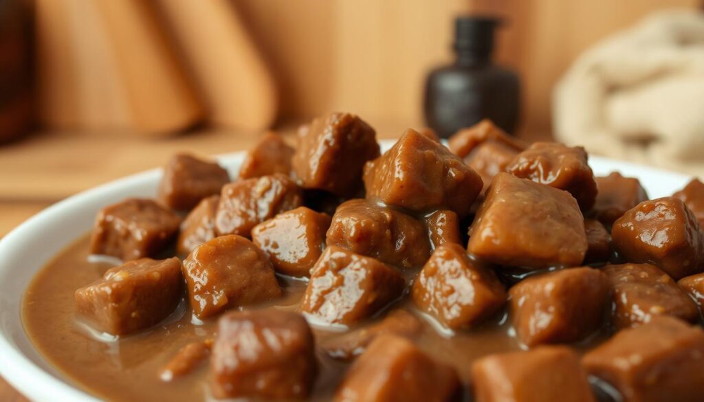 A mouthwatering beef tips dish with a rich, velvety gravy takes center stage against a backdrop of earthy tones. In the foreground, tender cubes of beef are gently simmered in a savory sauce, drawing the eye with their inviting, caramelized edges. The middle ground features a creamy, smooth gravy, its surface glistening under the warm, diffused lighting that casts a comforting glow. In the background, a simple, rustic setting with wooden accents and subtle textures creates a cozy, homemade atmosphere, complementing the humble yet satisfying nature of the dish. The overall scene evokes a sense of simple, effortless elegance, beckoning the viewer to dive in and experience the flavors of this easy, yet delectable beef tips recipe. A mouthwatering beef tips dish with a rich, velvety gravy takes center stage against a backdrop of earthy tones. In the foreground, tender cubes of beef are gently simmered in a savory sauce, drawing the eye with their inviting, caramelized edges. The middle ground features a creamy, smooth gravy, its surface glistening under the warm, diffused lighting that casts a comforting glow. In the background, a simple, rustic setting with wooden accents and subtle textures creates a cozy, homemade atmosphere, complementing the humble yet satisfying nature of the dish. The overall scene evokes a sense of simple, effortless elegance, beckoning the viewer to dive in and experience the flavors of this easy, yet delectable beef tips recipe.