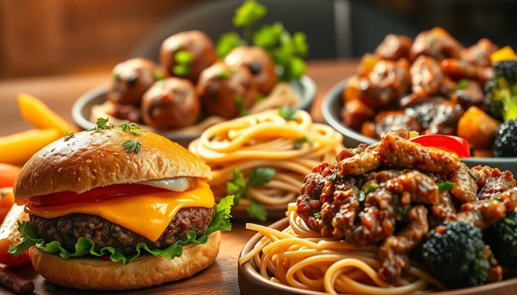 A mouthwatering display of high-protein ground beef meals, captured in warm, natural light. In the foreground, a juicy burger with melted cheese and fresh toppings, accompanied by a side of roasted vegetables. In the middle ground, a hearty meatball dish, served over a bed of whole-wheat pasta and garnished with vibrant herbs. In the background, a savory beef and broccoli stir-fry, the tender meat and crisp veggies glistening with a flavorful sauce. The scene conveys the satisfying and nutritious nature of these high-protein ground beef dishes, perfect for a healthy and fulfilling weekly meal. A mouthwatering display of high-protein ground beef meals, captured in warm, natural light. In the foreground, a juicy burger with melted cheese and fresh toppings, accompanied by a side of roasted vegetables. In the middle ground, a hearty meatball dish, served over a bed of whole-wheat pasta and garnished with vibrant herbs. In the background, a savory beef and broccoli stir-fry, the tender meat and crisp veggies glistening with a flavorful sauce. The scene conveys the satisfying and nutritious nature of these high-protein ground beef dishes, perfect for a healthy and fulfilling weekly meal.
