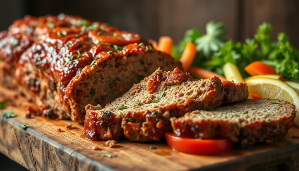 A mouthwatering meatloaf, the ultimate comfort food, sits atop a rustic wooden table. The rich, savory aroma fills the air, mingling with the warm glow of soft lighting. Sliced open, the meatloaf reveals a juicy, tender interior, dotted with flecks of herbs and spices. The surface is perfectly browned, with a crisp, caramelized crust. Alongside, a scattering of fresh, vibrant vegetables adds a pop of color and texture. The scene exudes a cozy, homemade atmosphere, inviting the viewer to experience the ultimate in satisfying, flavorful meatloaf perfection. A mouthwatering meatloaf, the ultimate comfort food, sits atop a rustic wooden table. The rich, savory aroma fills the air, mingling with the warm glow of soft lighting. Sliced open, the meatloaf reveals a juicy, tender interior, dotted with flecks of herbs and spices. The surface is perfectly browned, with a crisp, caramelized crust. Alongside, a scattering of fresh, vibrant vegetables adds a pop of color and texture. The scene exudes a cozy, homemade atmosphere, inviting the viewer to experience the ultimate in satisfying, flavorful meatloaf perfection.