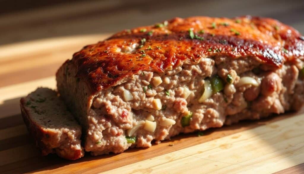A mouthwatering turkey meatloaf, freshly baked, resting on a wooden cutting board. The tender, juicy meat is lightly browned on top, contrasting beautifully with the soft, delicate interior. Aromatic herbs and spices are visible throughout the loaf, hinting at the flavorful seasoning. Sliced onions, garlic, and other diced vegetables are embedded within the meatloaf, creating a layered, rustic appearance. Soft lighting from the side gently illuminates the dish, casting warm shadows and highlights that accentuate the texture and form. The overall scene evokes a sense of homemade comfort and culinary craftsmanship, perfectly suited to illustrate the "Essential Ingredients for the Perfect Turkey Meatloaf Recipe." A mouthwatering turkey meatloaf, freshly baked, resting on a wooden cutting board. The tender, juicy meat is lightly browned on top, contrasting beautifully with the soft, delicate interior. Aromatic herbs and spices are visible throughout the loaf, hinting at the flavorful seasoning. Sliced onions, garlic, and other diced vegetables are embedded within the meatloaf, creating a layered, rustic appearance. Soft lighting from the side gently illuminates the dish, casting warm shadows and highlights that accentuate the texture and form. The overall scene evokes a sense of homemade comfort and culinary craftsmanship, perfectly suited to illustrate the "Essential Ingredients for the Perfect Turkey Meatloaf Recipe."
