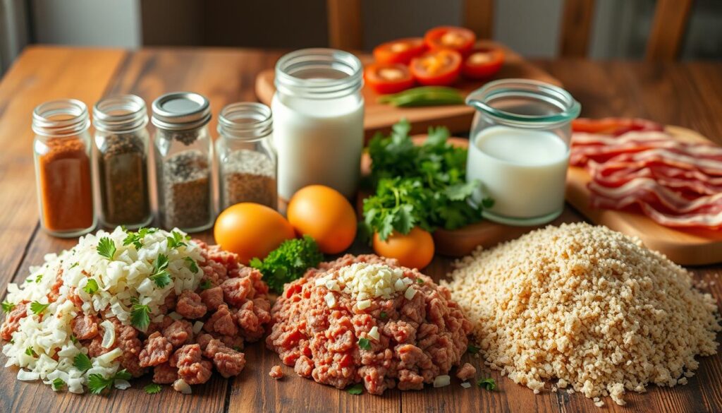 A neatly arranged collection of meatloaf ingredients, meticulously placed on a rustic wooden table. In the foreground, a pile of ground beef, breadcrumbs, and beaten eggs, with a scattering of diced onions, garlic, and chopped parsley. In the middle ground, an array of seasoning jars containing paprika, thyme, salt, and pepper, along with a glass measuring cup filled with milk. Behind them, a cutting board with sliced tomatoes and strips of crispy bacon. Warm, natural lighting illuminates the scene, creating a cozy, inviting atmosphere that hints at the delicious meatloaf to come. A neatly arranged collection of meatloaf ingredients, meticulously placed on a rustic wooden table. In the foreground, a pile of ground beef, breadcrumbs, and beaten eggs, with a scattering of diced onions, garlic, and chopped parsley. In the middle ground, an array of seasoning jars containing paprika, thyme, salt, and pepper, along with a glass measuring cup filled with milk. Behind them, a cutting board with sliced tomatoes and strips of crispy bacon. Warm, natural lighting illuminates the scene, creating a cozy, inviting atmosphere that hints at the delicious meatloaf to come.
