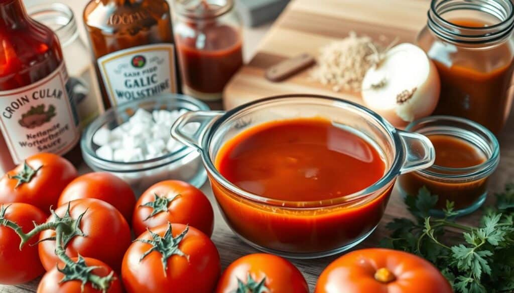 A neatly arranged display of glass bowls and jars filled with various ingredients for a classic meatloaf sauce recipe. In the foreground, a pile of fresh, ripe tomatoes alongside a bottle of ketchup, a jar of Worcestershire sauce, and a sprinkle of dried oregano. In the middle ground, a small saucepan with a thick, glossy glaze simmering gently, surrounded by a pinch of brown sugar, a squeeze of mustard, and a dash of apple cider vinegar. In the background, a wooden cutting board with a half-chopped onion and a sprinkle of garlic powder, all illuminated by warm, natural lighting and captured with a wide-angle lens to create a inviting, homemade atmosphere. A neatly arranged display of glass bowls and jars filled with various ingredients for a classic meatloaf sauce recipe. In the foreground, a pile of fresh, ripe tomatoes alongside a bottle of ketchup, a jar of Worcestershire sauce, and a sprinkle of dried oregano. In the middle ground, a small saucepan with a thick, glossy glaze simmering gently, surrounded by a pinch of brown sugar, a squeeze of mustard, and a dash of apple cider vinegar. In the background, a wooden cutting board with a half-chopped onion and a sprinkle of garlic powder, all illuminated by warm, natural lighting and captured with a wide-angle lens to create a inviting, homemade atmosphere.