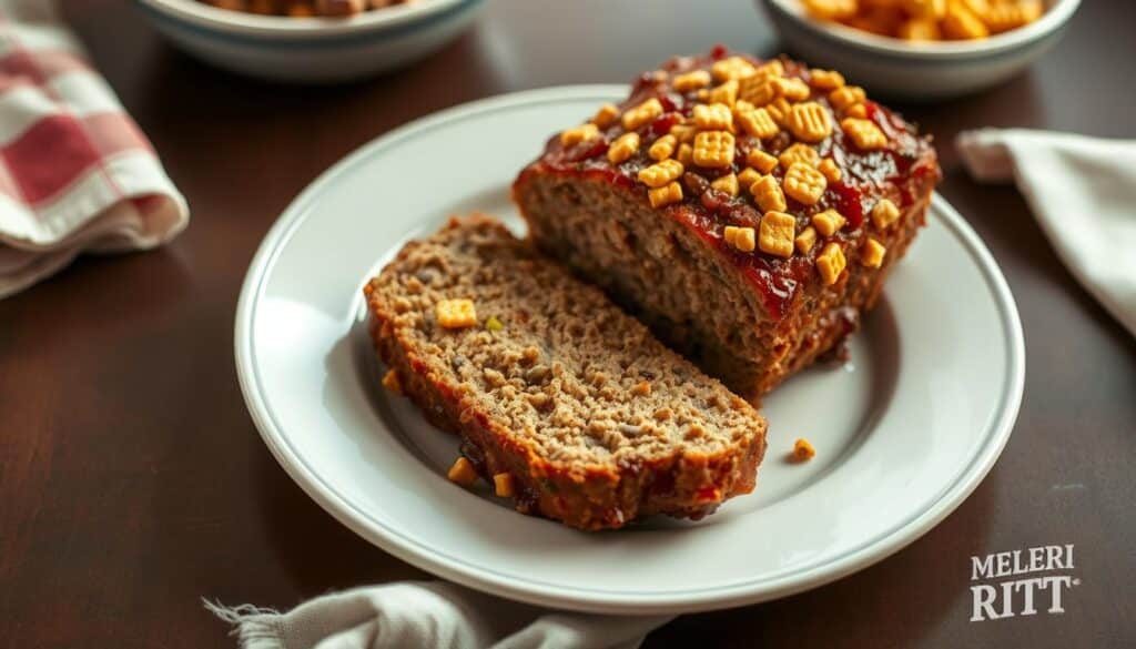 A neatly arranged plate showcases the perfect Cracker Barrel meatloaf, its surface dotted with the distinctive crumbly texture of Ritz crackers. The meatloaf is sliced to reveal its moist, tender interior, complemented by the savory flavors of onions, garlic, and herbs. Soft lighting casts a warm glow, highlighting the dish's homemade appeal. The composition is balanced, with the meatloaf taking center stage, surrounded by a simple, minimalist background that allows the food to shine. The overall scene conveys a sense of comfort and nostalgia, capturing the essence of a beloved family recipe. A neatly arranged plate showcases the perfect Cracker Barrel meatloaf, its surface dotted with the distinctive crumbly texture of Ritz crackers. The meatloaf is sliced to reveal its moist, tender interior, complemented by the savory flavors of onions, garlic, and herbs. Soft lighting casts a warm glow, highlighting the dish's homemade appeal. The composition is balanced, with the meatloaf taking center stage, surrounded by a simple, minimalist background that allows the food to shine. The overall scene conveys a sense of comfort and nostalgia, capturing the essence of a beloved family recipe.