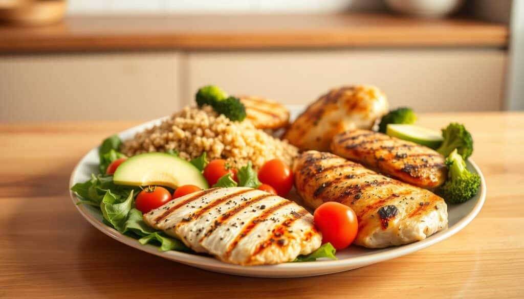 A neatly arranged plate showcasing a variety of low sodium chicken dishes, shot in a warm, natural lighting from the side. In the foreground, a tender, grilled chicken breast sits alongside a vibrant salad of mixed greens, cherry tomatoes, and sliced avocado. The middle ground features a serving of herb-roasted chicken thighs, accompanied by a portion of quinoa and steamed broccoli florets. The background gently fades into a minimalist, earthy-toned kitchen setting, creating a calming, nutritious atmosphere. A neatly arranged plate showcasing a variety of low sodium chicken dishes, shot in a warm, natural lighting from the side. In the foreground, a tender, grilled chicken breast sits alongside a vibrant salad of mixed greens, cherry tomatoes, and sliced avocado. The middle ground features a serving of herb-roasted chicken thighs, accompanied by a portion of quinoa and steamed broccoli florets. The background gently fades into a minimalist, earthy-toned kitchen setting, creating a calming, nutritious atmosphere.