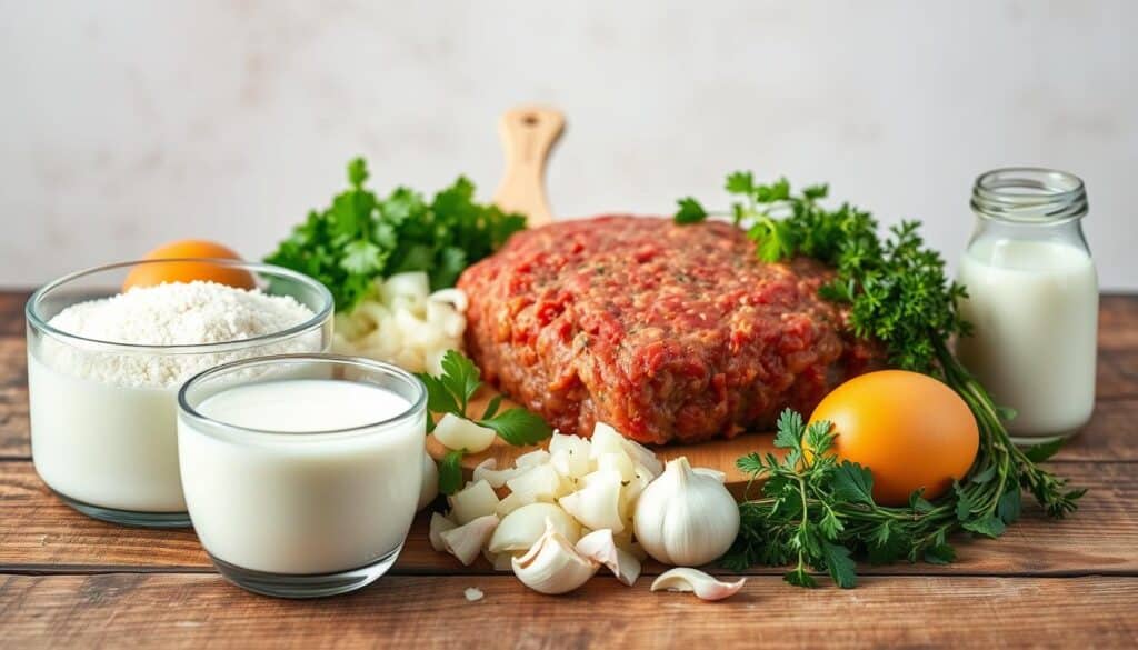A neatly arranged still life of essential meatloaf ingredients on a rustic wooden table. In the foreground, ground beef, breadcrumbs, eggs, and milk are carefully displayed. In the middle, onions, garlic, and fresh herbs like parsley and thyme are visible. The background features a neutral backdrop, allowing the ingredients to take center stage. The lighting is soft and natural, creating gentle shadows and highlighting the textures of the food. The overall composition is balanced and inviting, capturing the essential elements required for crafting the perfect meatloaf. A neatly arranged still life of essential meatloaf ingredients on a rustic wooden table. In the foreground, ground beef, breadcrumbs, eggs, and milk are carefully displayed. In the middle, onions, garlic, and fresh herbs like parsley and thyme are visible. The background features a neutral backdrop, allowing the ingredients to take center stage. The lighting is soft and natural, creating gentle shadows and highlighting the textures of the food. The overall composition is balanced and inviting, capturing the essential elements required for crafting the perfect meatloaf.