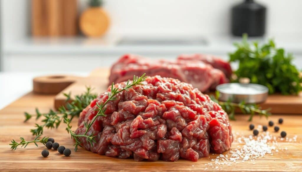 A neatly arranged still life of the essential ingredients for a succulent wagyu ground beef recipe. In the foreground, a mound of freshly ground wagyu beef glistens under warm, directional lighting, showcasing its rich marbling and deep burgundy hue. Surrounding the beef are artfully placed sprigs of fresh thyme, cracked black peppercorns, and a sprinkle of flaky sea salt. In the middle ground, a wooden cutting board provides a rustic backdrop, while in the background, a clean, minimalist kitchen countertop sets a clean, inviting atmosphere. The image conveys the high-quality, premium nature of the wagyu beef, primed and ready to be transformed into an elevated weeknight meal. A neatly arranged still life of the essential ingredients for a succulent wagyu ground beef recipe. In the foreground, a mound of freshly ground wagyu beef glistens under warm, directional lighting, showcasing its rich marbling and deep burgundy hue. Surrounding the beef are artfully placed sprigs of fresh thyme, cracked black peppercorns, and a sprinkle of flaky sea salt. In the middle ground, a wooden cutting board provides a rustic backdrop, while in the background, a clean, minimalist kitchen countertop sets a clean, inviting atmosphere. The image conveys the high-quality, premium nature of the wagyu beef, primed and ready to be transformed into an elevated weeknight meal.
