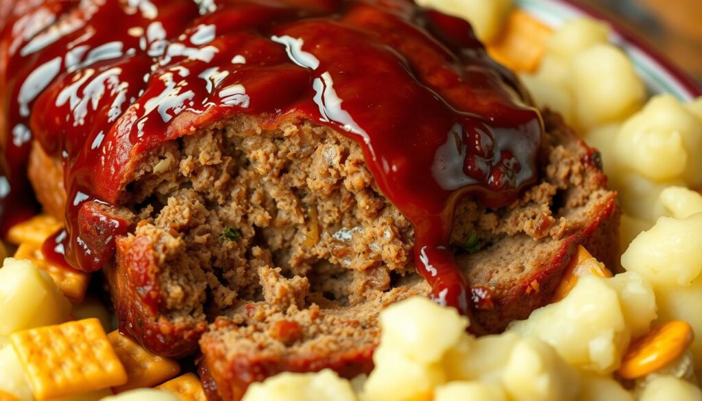 A perfectly baked meatloaf, golden-brown and glistening, sits atop a bed of crisp Ritz crackers. The crackers form a delightful crust, adding a satisfying crunch to the tender, flavorful meat. Subtle spices and herbs infuse the meatloaf, while a rich, savory glaze drips down the sides, promising a mouthwatering experience. Soft, pillowy mashed potatoes surround the dish, their creamy texture complementing the heartiness of the meatloaf. Warm lighting casts a cozy glow, highlighting the inviting textures and making the dish look irresistible. The scene is captured with a medium-wide lens, allowing the viewer to fully appreciate the appetizing details of this classic, comforting meal. A perfectly baked meatloaf, golden-brown and glistening, sits atop a bed of crisp Ritz crackers. The crackers form a delightful crust, adding a satisfying crunch to the tender, flavorful meat. Subtle spices and herbs infuse the meatloaf, while a rich, savory glaze drips down the sides, promising a mouthwatering experience. Soft, pillowy mashed potatoes surround the dish, their creamy texture complementing the heartiness of the meatloaf. Warm lighting casts a cozy glow, highlighting the inviting textures and making the dish look irresistible. The scene is captured with a medium-wide lens, allowing the viewer to fully appreciate the appetizing details of this classic, comforting meal.