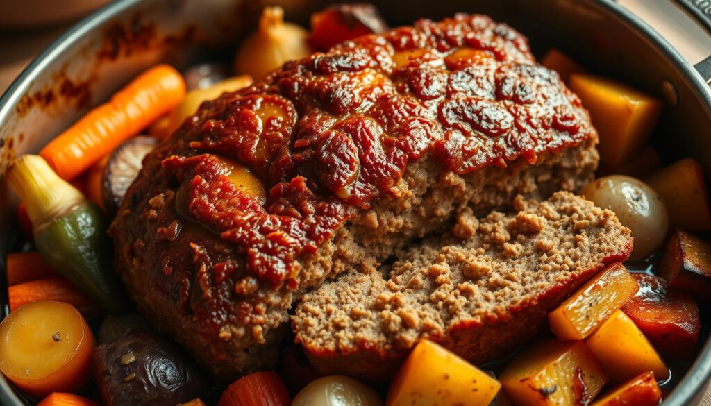 A perfectly baked meatloaf, golden-brown crust, nestled in a single pan filled with roasted vegetables. The meatloaf's savory aroma fills the kitchen, enticing the senses. Soft, juicy interior contrasted by the crisp edges, a true masterpiece of one-pan cooking. Carrots, potatoes, and onions surround the meatloaf, absorbing its flavorful juices. Warm, natural lighting casts a cozy glow, highlighting the dish's comforting appeal. The scene is captured from a high angle, showcasing the harmonious arrangement of ingredients in a rustic, homey setting. A perfectly baked meatloaf, golden-brown crust, nestled in a single pan filled with roasted vegetables. The meatloaf's savory aroma fills the kitchen, enticing the senses. Soft, juicy interior contrasted by the crisp edges, a true masterpiece of one-pan cooking. Carrots, potatoes, and onions surround the meatloaf, absorbing its flavorful juices. Warm, natural lighting casts a cozy glow, highlighting the dish's comforting appeal. The scene is captured from a high angle, showcasing the harmonious arrangement of ingredients in a rustic, homey setting.
