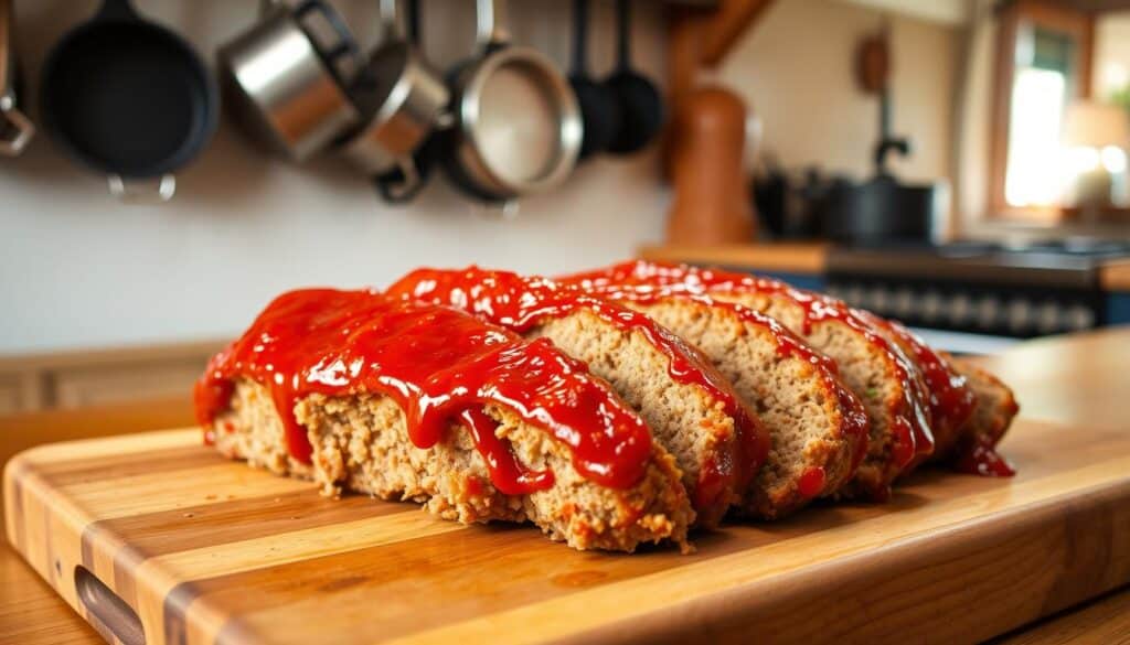 A perfectly cooked meatloaf, glistening with a rich tomato glaze, rests on a wooden cutting board. Slices of the tender, juicy loaf are arranged invitingly, their aroma wafting through the air. In the background, a farmhouse-style kitchen with warm, natural lighting sets the scene for this classic, comforting dish. Pots and pans hang from a rustic rack, hinting at the ease of preparation. The overall atmosphere conveys the simplicity and hominess of this easy meatloaf recipe, perfect for a busy weeknight meal. A perfectly cooked meatloaf, glistening with a rich tomato glaze, rests on a wooden cutting board. Slices of the tender, juicy loaf are arranged invitingly, their aroma wafting through the air. In the background, a farmhouse-style kitchen with warm, natural lighting sets the scene for this classic, comforting dish. Pots and pans hang from a rustic rack, hinting at the ease of preparation. The overall atmosphere conveys the simplicity and hominess of this easy meatloaf recipe, perfect for a busy weeknight meal.