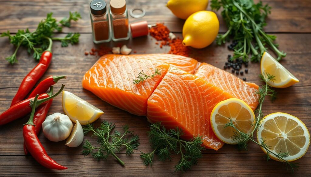 A perfectly styled overhead shot of a rustic wooden table, illuminated by soft natural lighting. In the foreground, a vibrant arrangement of fresh salmon fillets, chili peppers, garlic cloves, lemon wedges, and sprigs of dill. The middle ground showcases a selection of spices including paprika, cayenne, and black pepper. In the background, a subtle blurred texture adds depth and atmosphere, hinting at the earthy, homemade quality of the scene. The overall mood is one of wholesome, flavorful ingredients, ready to be transformed into a delectable spicy salmon dish. A perfectly styled overhead shot of a rustic wooden table, illuminated by soft natural lighting. In the foreground, a vibrant arrangement of fresh salmon fillets, chili peppers, garlic cloves, lemon wedges, and sprigs of dill. The middle ground showcases a selection of spices including paprika, cayenne, and black pepper. In the background, a subtle blurred texture adds depth and atmosphere, hinting at the earthy, homemade quality of the scene. The overall mood is one of wholesome, flavorful ingredients, ready to be transformed into a delectable spicy salmon dish.