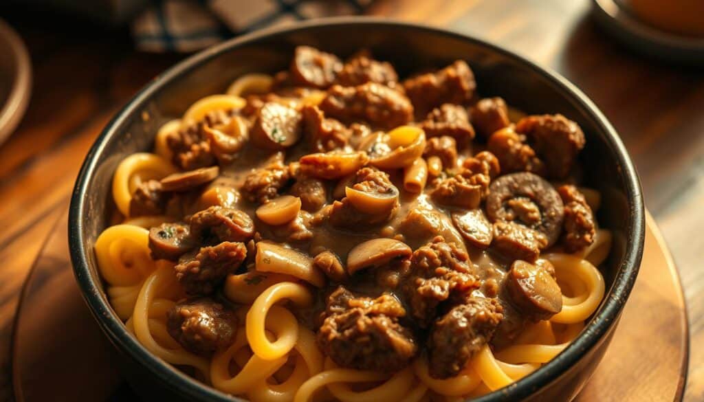 A piping hot bowl of ground beef stroganoff, the savory sauce glistening over a bed of fluffy egg noodles. The beef is seared to a deep, caramelized brown, infusing the creamy sauce with its robust flavor. Mushrooms, onions, and garlic mingle in the mix, adding depth and complexity. Warm, golden lighting casts a cozy glow, inviting you to dive in. The scene is captured from a high angle, showcasing the dish's comforting and hearty nature. A classic comfort food, ready to be enjoyed. A piping hot bowl of ground beef stroganoff, the savory sauce glistening over a bed of fluffy egg noodles. The beef is seared to a deep, caramelized brown, infusing the creamy sauce with its robust flavor. Mushrooms, onions, and garlic mingle in the mix, adding depth and complexity. Warm, golden lighting casts a cozy glow, inviting you to dive in. The scene is captured from a high angle, showcasing the dish's comforting and hearty nature. A classic comfort food, ready to be enjoyed.