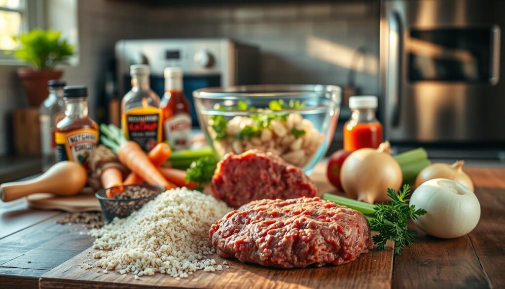 A rustic kitchen counter, bathed in warm afternoon light, showcases the essential ingredients for the perfect meatloaf recipe. In the foreground, a collection of fresh ground beef, breadcrumbs, onions, carrots, and celery are neatly arranged, their colors and textures creating a visually appealing composition. In the middle ground, a glass mixing bowl and a few key seasonings, such as Worcestershire sauce, ketchup, and dried herbs, hint at the flavorful blend that will come together. The background features a few stainless steel appliances, casting a subtle glow and lending an air of professionalism to the scene. The overall mood is one of culinary focus and anticipation, inviting the viewer to imagine the delicious meatloaf soon to be prepared. A rustic kitchen counter, bathed in warm afternoon light, showcases the essential ingredients for the perfect meatloaf recipe. In the foreground, a collection of fresh ground beef, breadcrumbs, onions, carrots, and celery are neatly arranged, their colors and textures creating a visually appealing composition. In the middle ground, a glass mixing bowl and a few key seasonings, such as Worcestershire sauce, ketchup, and dried herbs, hint at the flavorful blend that will come together. The background features a few stainless steel appliances, casting a subtle glow and lending an air of professionalism to the scene. The overall mood is one of culinary focus and anticipation, inviting the viewer to imagine the delicious meatloaf soon to be prepared.