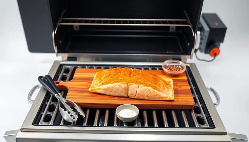 A sleek, well-lit cedar plank salmon grilling setup, captured with a wide-angle lens against a clean, minimalist background. In the foreground, a large cedar plank rests on a heavy-duty stainless steel grill grate, its natural grain and rich hue on full display. Carefully positioned around the plank are the essential tools - a pair of sturdy, long-handled tongs, a basting brush, and a small bowl filled with seasoning. The middle ground features the grill itself, a high-quality propane or charcoal model with shiny metal accents. The background is a plain, light-colored surface, allowing the grilling equipment to take center stage and showcase its rustic elegance. A sleek, well-lit cedar plank salmon grilling setup, captured with a wide-angle lens against a clean, minimalist background. In the foreground, a large cedar plank rests on a heavy-duty stainless steel grill grate, its natural grain and rich hue on full display. Carefully positioned around the plank are the essential tools - a pair of sturdy, long-handled tongs, a basting brush, and a small bowl filled with seasoning. The middle ground features the grill itself, a high-quality propane or charcoal model with shiny metal accents. The background is a plain, light-colored surface, allowing the grilling equipment to take center stage and showcase its rustic elegance.