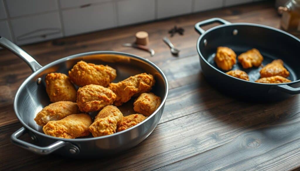 A stainless steel frying pan and a deep cast iron dutch oven sit on a rustic wooden kitchen counter, ready to sizzle with golden-brown fried chicken. Soft, indirect lighting from above casts gentle shadows, highlighting the textured surfaces and shiny metal of the cooking vessels. The scene exudes a sense of culinary anticipation, hinting at the delicious fried chicken soon to emerge from these trusty tools of the trade. In the background, a few scattered herbs and spices suggest the aromatic flavors that will infuse the dish. The overall mood is one of professional, yet homey, kitchen preparation. A stainless steel frying pan and a deep cast iron dutch oven sit on a rustic wooden kitchen counter, ready to sizzle with golden-brown fried chicken. Soft, indirect lighting from above casts gentle shadows, highlighting the textured surfaces and shiny metal of the cooking vessels. The scene exudes a sense of culinary anticipation, hinting at the delicious fried chicken soon to emerge from these trusty tools of the trade. In the background, a few scattered herbs and spices suggest the aromatic flavors that will infuse the dish. The overall mood is one of professional, yet homey, kitchen preparation.