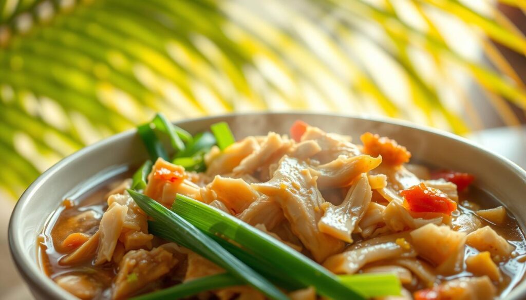 A steaming bowl of savory Chicken Long Rice, a beloved Hawaiian dish. In the foreground, tender shredded chicken, glistening with a rich, umami-packed broth, nestled among long, slender bean threads. The middle ground features vibrant green onions, their fragrant aroma wafting through the air. In the background, a lush, tropical backdrop of palm fronds sways gently, evoking the island setting. Soft, diffused lighting casts a warm, comforting glow, creating an inviting and mouthwatering scene. The camera angle is slightly elevated, allowing the viewer to fully appreciate the dish's enticing presentation. This image perfectly captures the essence of the traditional Chicken Long Rice, ready to transport the viewer to the flavors of Hawaii. A steaming bowl of savory Chicken Long Rice, a beloved Hawaiian dish. In the foreground, tender shredded chicken, glistening with a rich, umami-packed broth, nestled among long, slender bean threads. The middle ground features vibrant green onions, their fragrant aroma wafting through the air. In the background, a lush, tropical backdrop of palm fronds sways gently, evoking the island setting. Soft, diffused lighting casts a warm, comforting glow, creating an inviting and mouthwatering scene. The camera angle is slightly elevated, allowing the viewer to fully appreciate the dish's enticing presentation. This image perfectly captures the essence of the traditional Chicken Long Rice, ready to transport the viewer to the flavors of Hawaii.